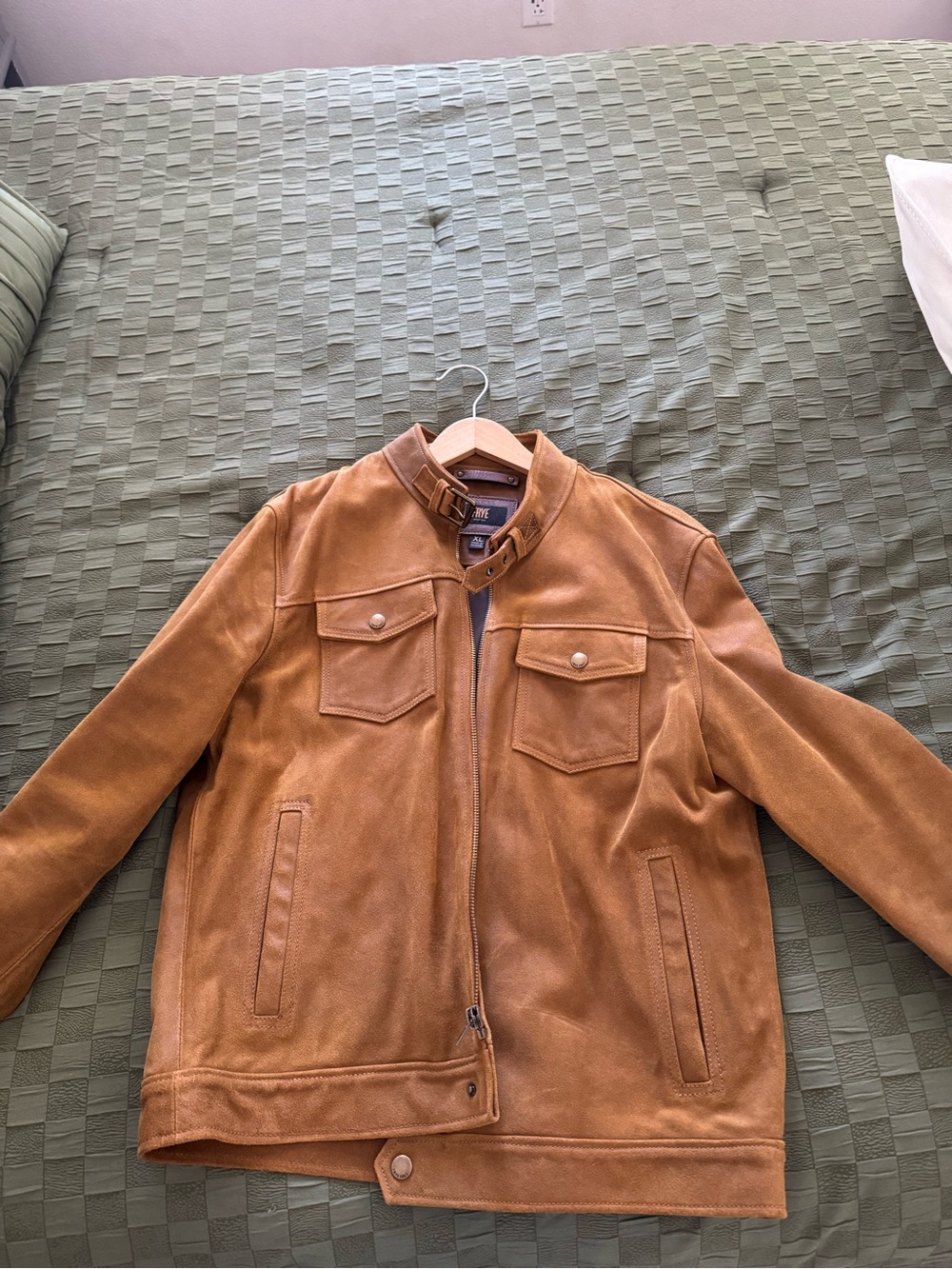 Frye Brown Suede Buckle-Collar Bomber Jacket